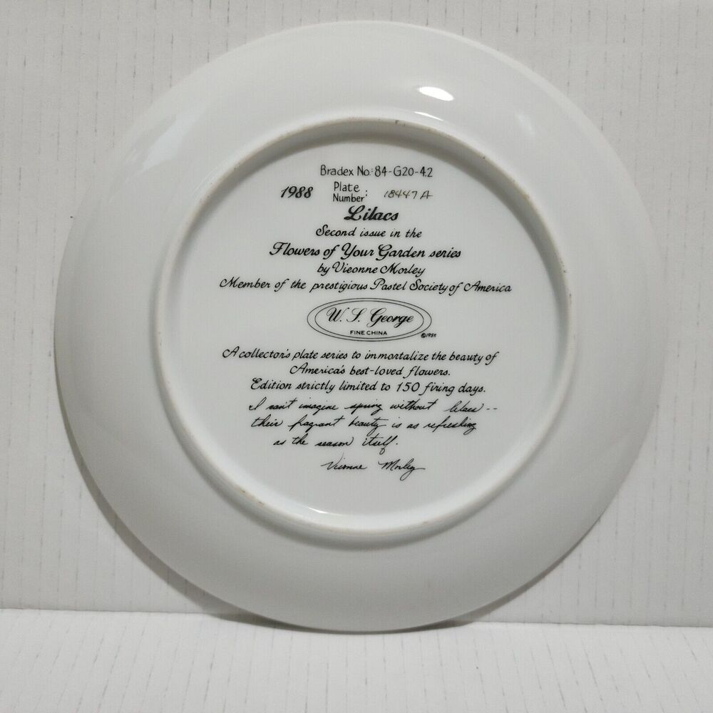 1988 W.S. George Collectors Plate Lilacs by Yvonne Morley Flowers of Your Garden - Picture 3 of 3